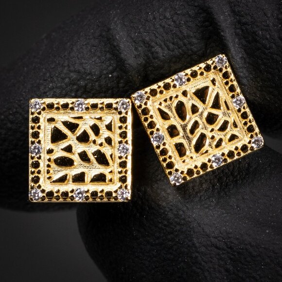 Mens 3D Iced Square 14K Gold Plated Nugget CZ Stud Screw back Stud Earrings - Picture 4 of 6